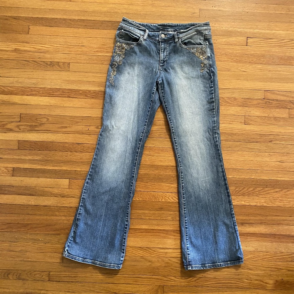 Gianni Bini Jeans Womens 29 Blue Flair Leg Embroidered Floral Embellished Denim